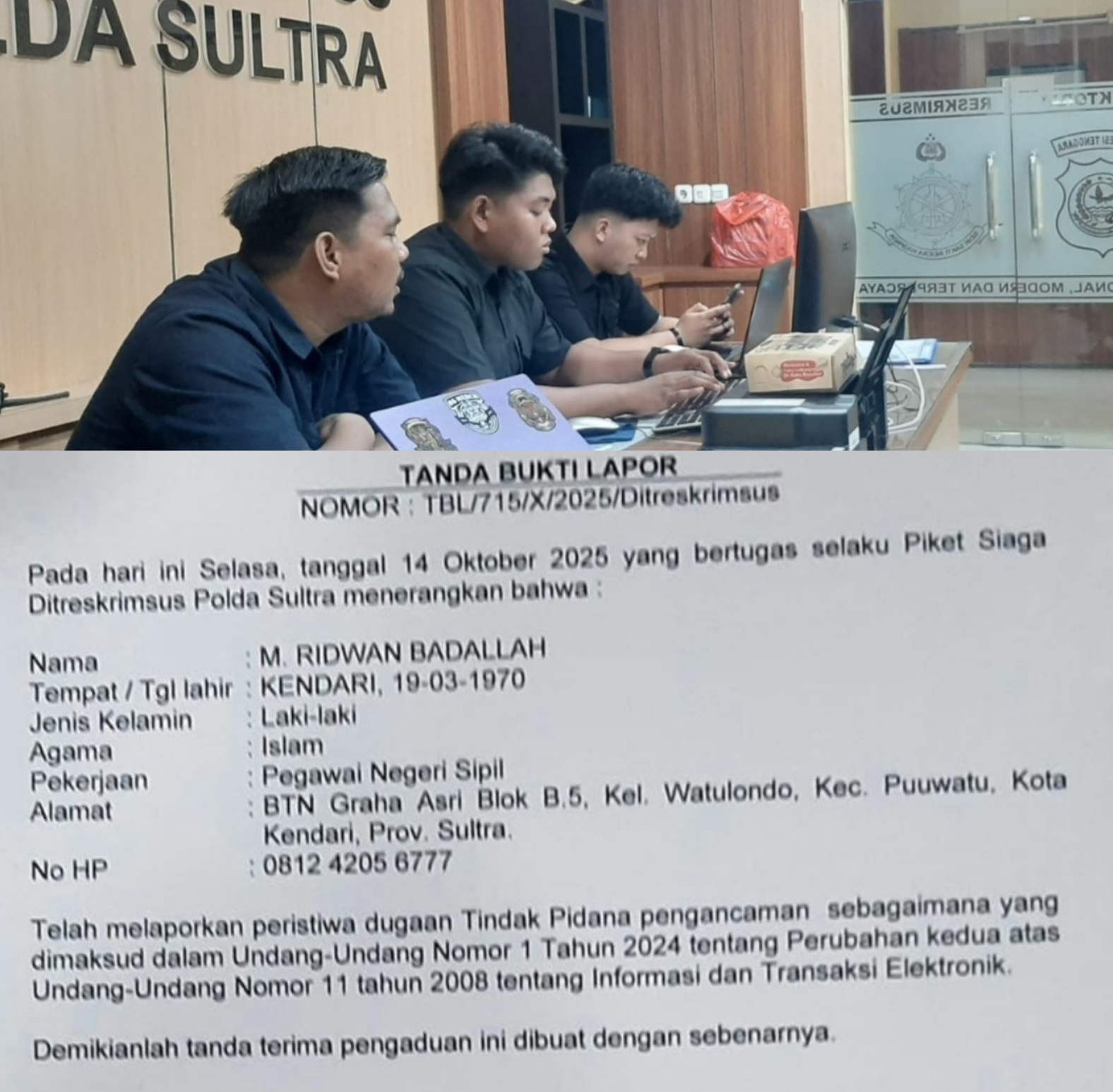 Ket gambar: Di  Laporkan Dua Orang ke Polda Sultra( Foto Man)
